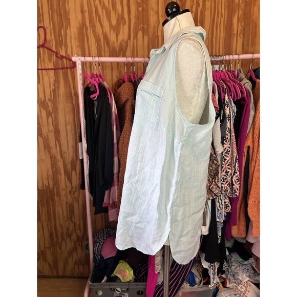 Chico's Turquoise NO Iron Striped LINEN Sleeveless Blouse Sz 3 (L) Buttons - Picture 5 of 8